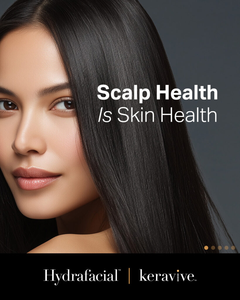 A lady with healthy hair and image saying Scalp Health is Skin Health